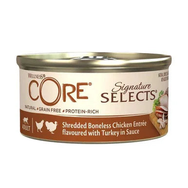 Wellness CORE Cat Wet Adt Signature Selects Shredded Boneless Chicken Entree Turkey in Sauce 79g x 24