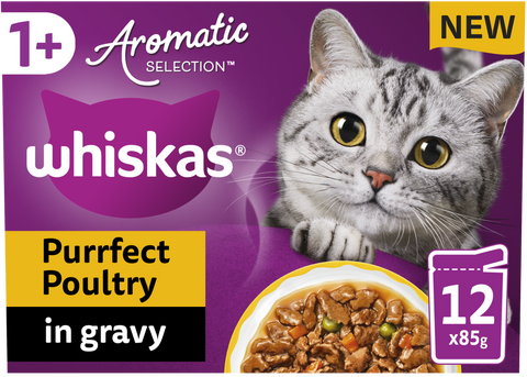 WHISKAS 1+ Cat Pouches Aromatic Poultry in Gravy 12x85g