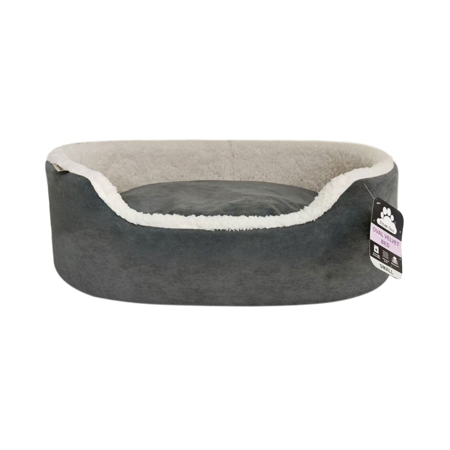 Dream Paws Grey Oval Velvet Dog Bed - Small