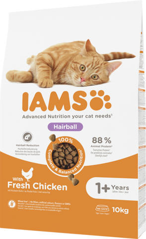 IAMS Advanced Nutrition Hairball Cat Food with Fresh Chicken – 10kg / 800g