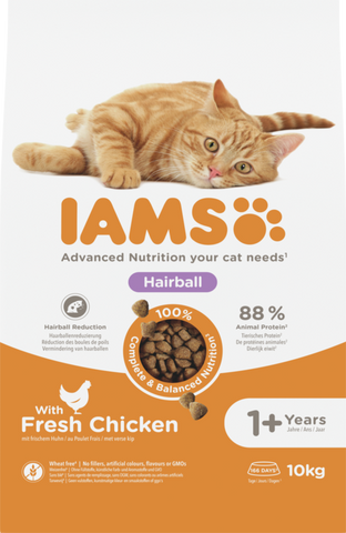 IAMS Advanced Nutrition Hairball Cat Food with Fresh Chicken – 10kg / 800g