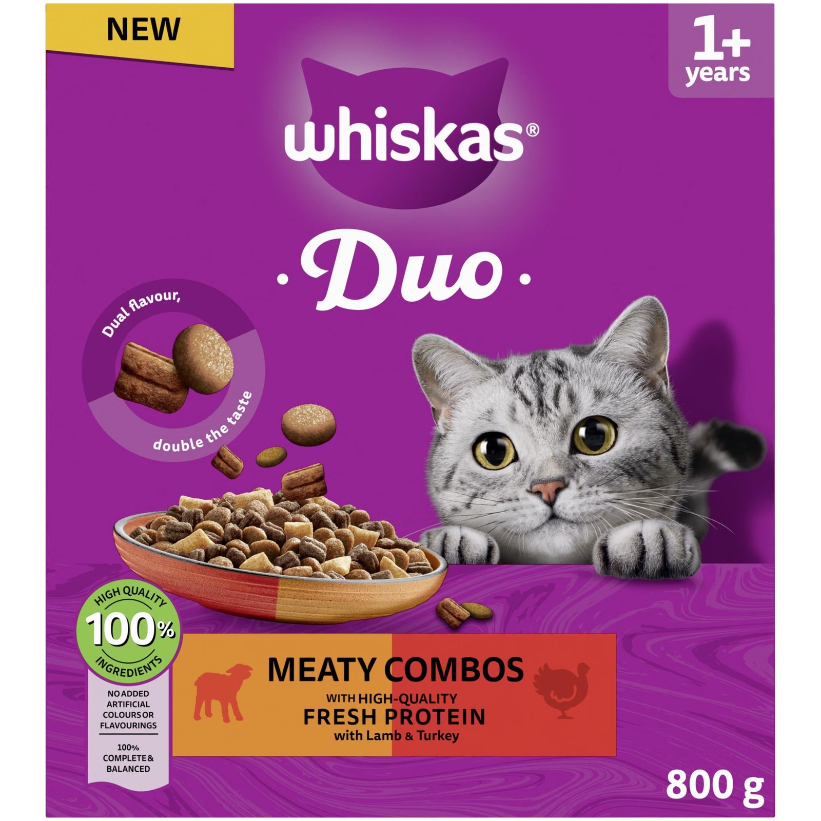 WHISKAS 1+ Cat Complete Dry DUO Meaty Combos 800g