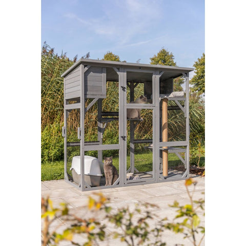 Trixie Outdoor cat enclosure with cave, lying areas and jute post – 181 × 169 × 88 cm, grey