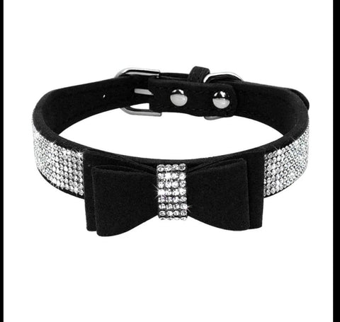 Bling Rhinestone Suede Leather Bowknot Dog Collar - CLEARANCE