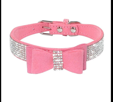 Bling Rhinestone Suede Leather Bowknot Dog Collar - CLEARANCE
