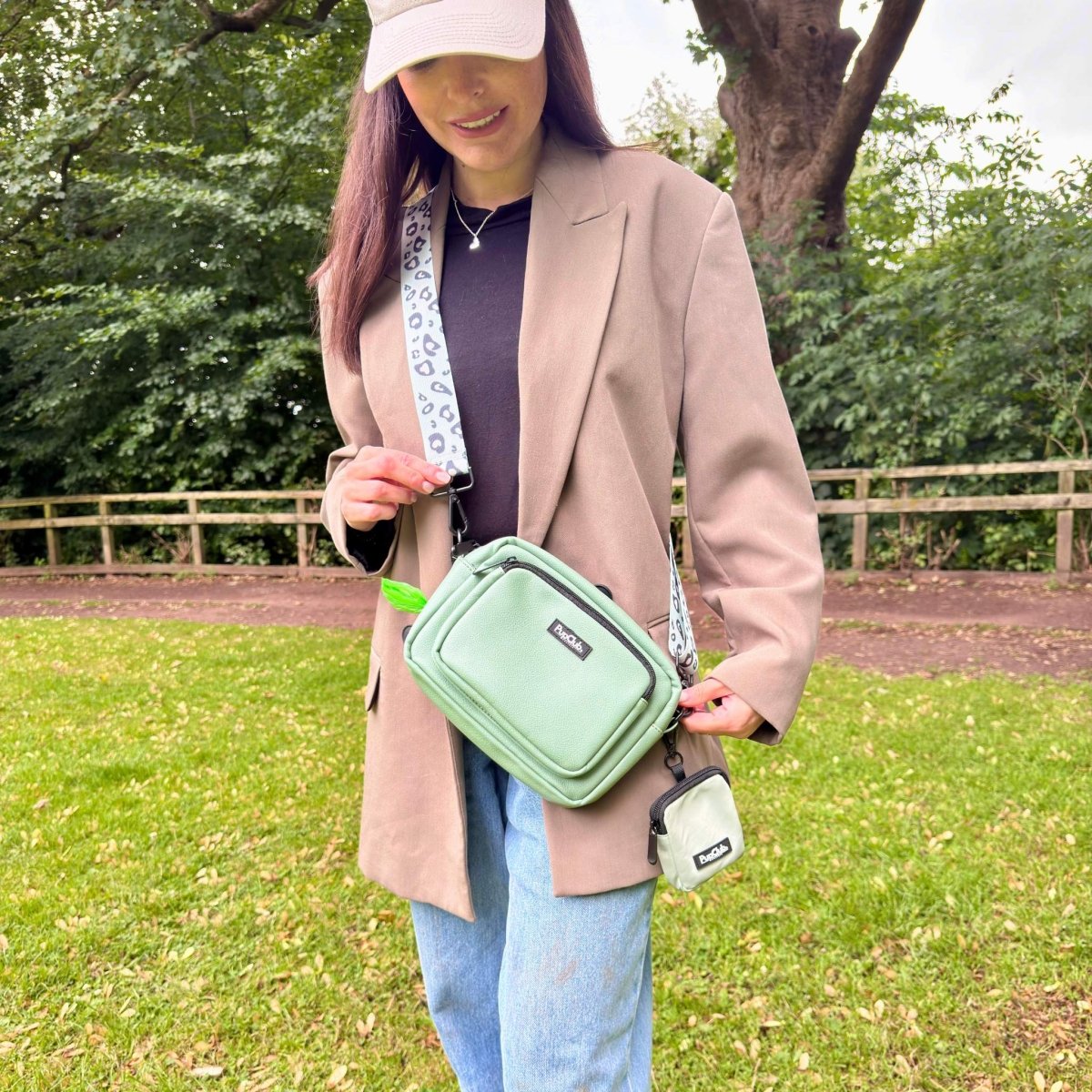 Crossbody Dog Walking Bag - Vegan Leather Sage Green