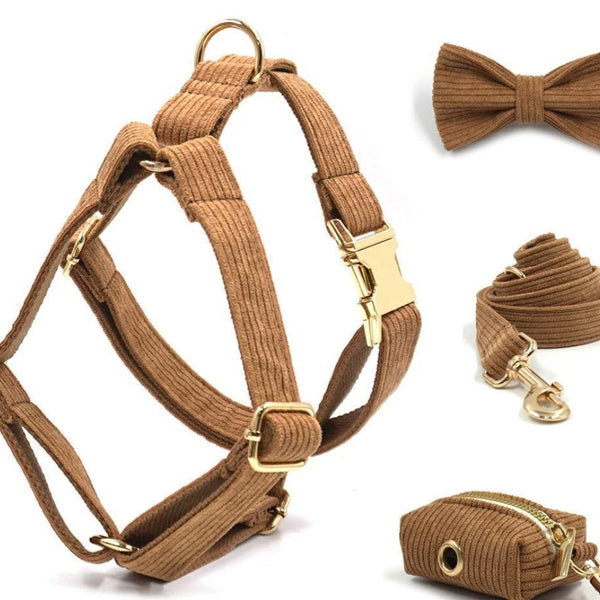 Luxury Brown Corduroy Dog Harness and Leash Set -  Designer Collar with Poop Bag Holder for Small and Large Dogs