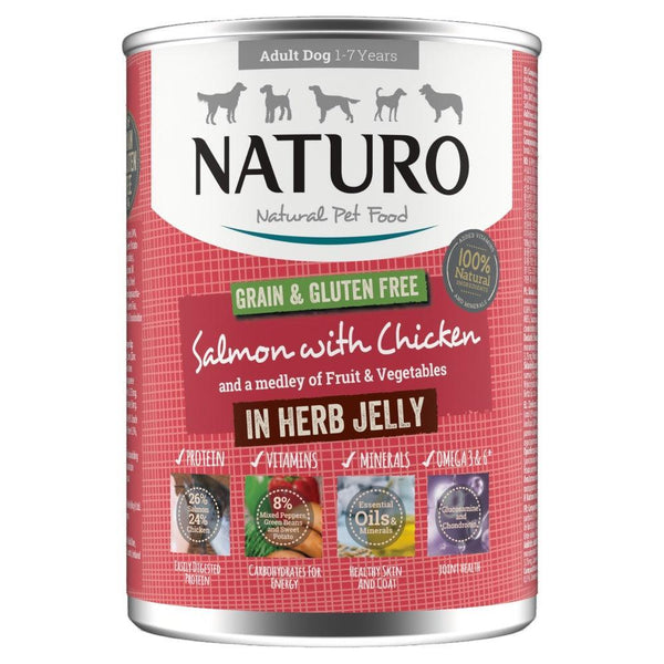 Naturo Adult Grain & Gluten Free Salmon with Chicken in Herb Jelly Tin 390g