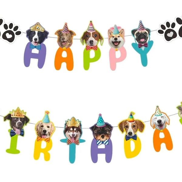Colorful Dog Birthday Banner with Adorable Cartoon Puppy Faces