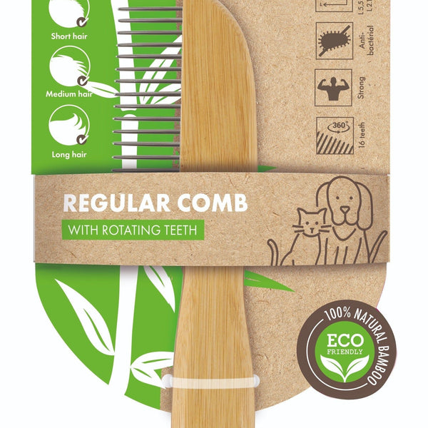 M-PETS Bamboo Regular Comb With Rotating Teeth - 16 Teeth