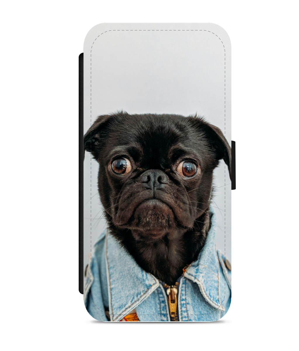 Dog Wearing Denim Jacket Faux Leather Flip Phone Case