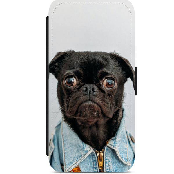 Dog Wearing Denim Jacket Faux Leather Flip Phone Case