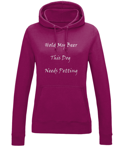 Women's Hold My Beer This Dog Needs Petting White Writing Hoodie