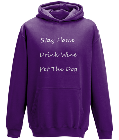 Men's Stay Home Drink Wine Pet The Dog White Writing Hoodie