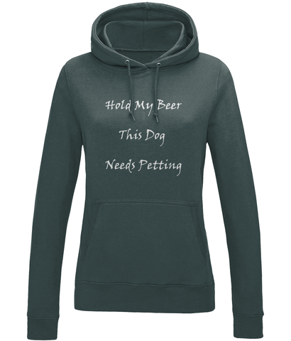 Women's Hold My Beer This Dog Needs Petting White Writing Hoodie